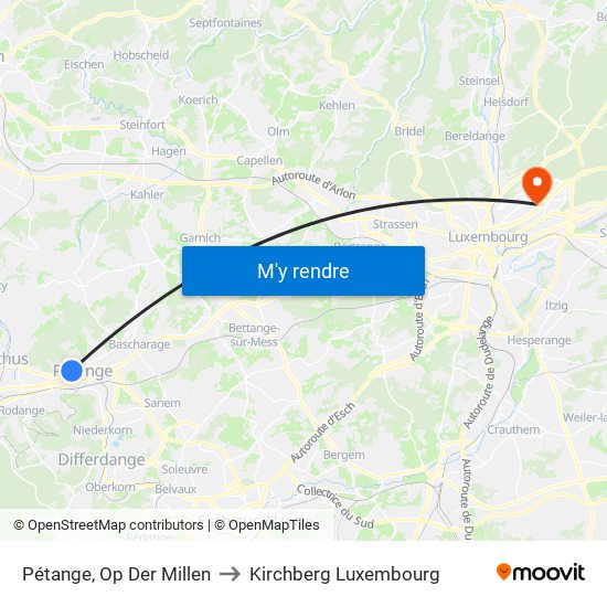 Pétange, Op Der Millen to Kirchberg Luxembourg map