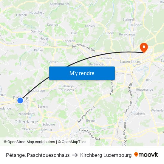 Pétange, Paschtoueschhaus to Kirchberg Luxembourg map