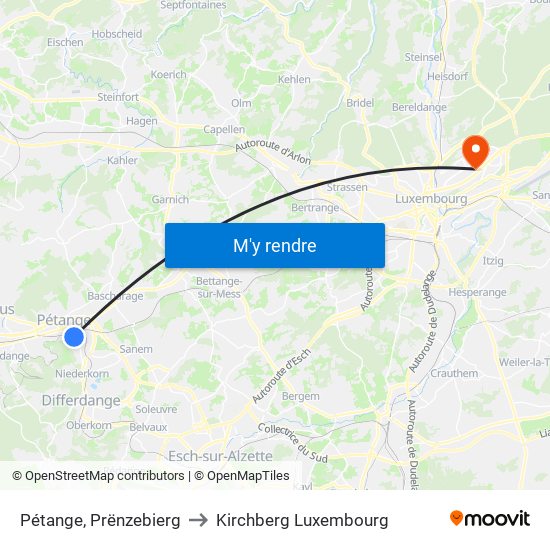 Pétange, Prënzebierg to Kirchberg Luxembourg map