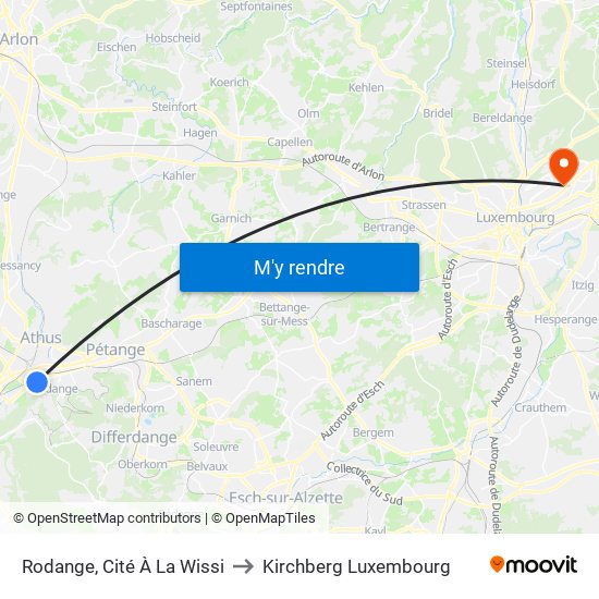 Rodange, Cité À La Wissi to Kirchberg Luxembourg map
