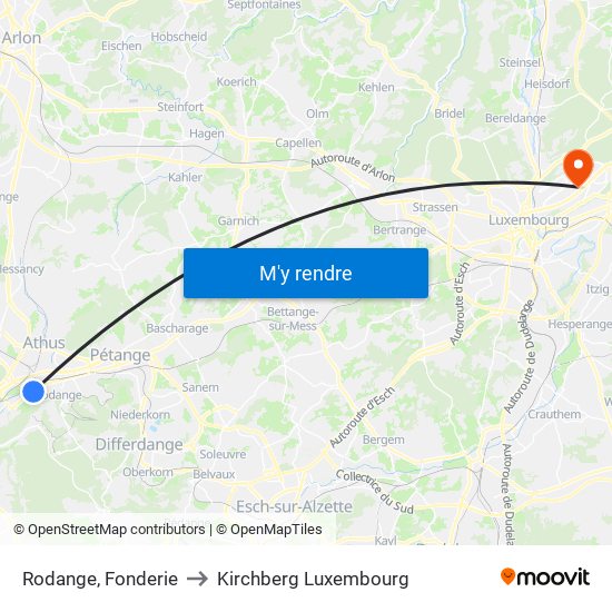 Rodange, Fonderie to Kirchberg Luxembourg map