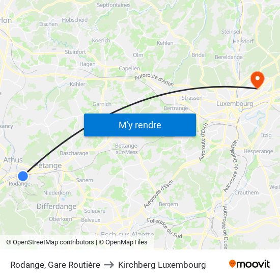 Rodange, Gare Routière to Kirchberg Luxembourg map
