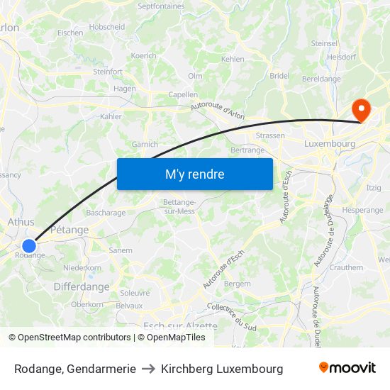 Rodange, Gendarmerie to Kirchberg Luxembourg map