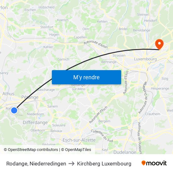 Rodange, Niederredingen to Kirchberg Luxembourg map