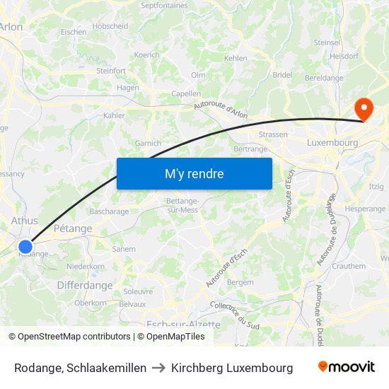 Rodange, Schlaakemillen to Kirchberg Luxembourg map