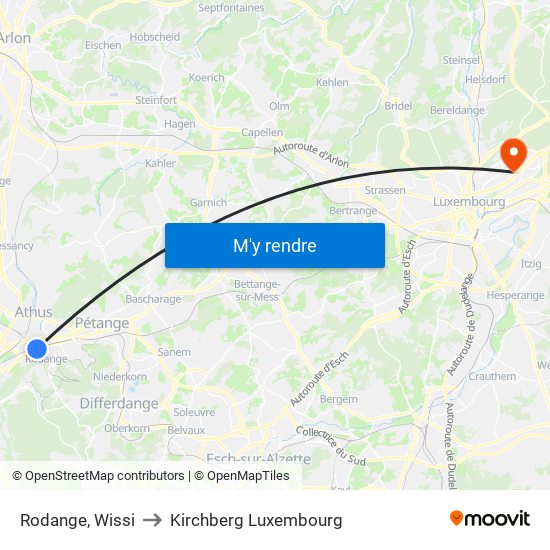 Rodange, Wissi to Kirchberg Luxembourg map