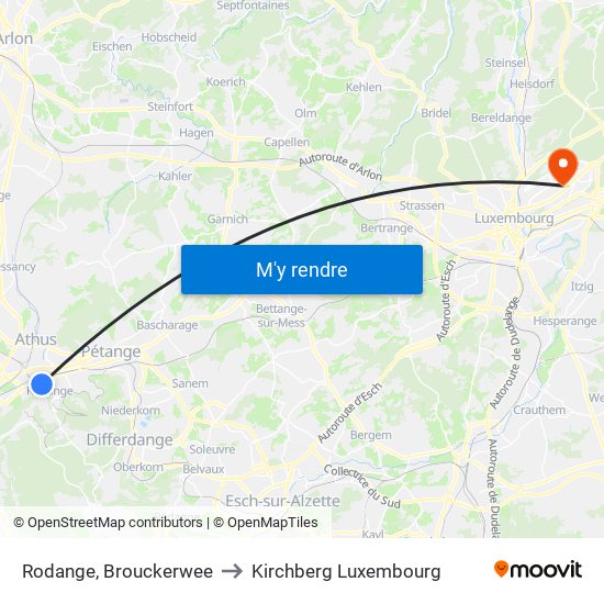 Rodange, Brouckerwee to Kirchberg Luxembourg map