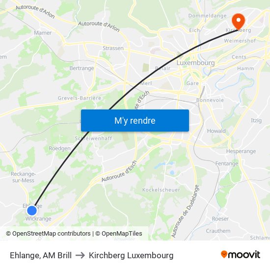 Ehlange, AM Brill to Kirchberg Luxembourg map