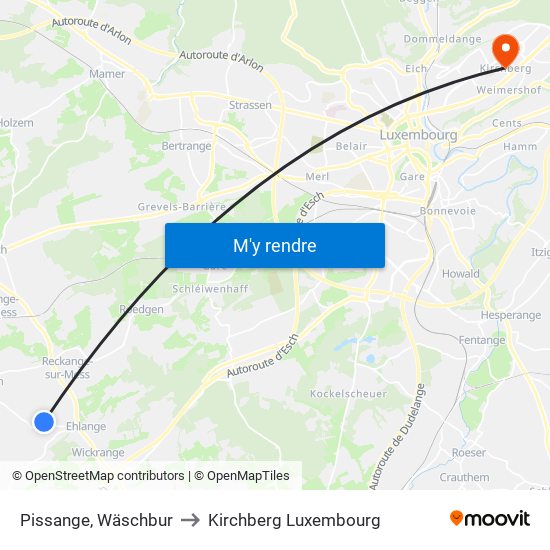 Pissange, Wäschbur to Kirchberg Luxembourg map