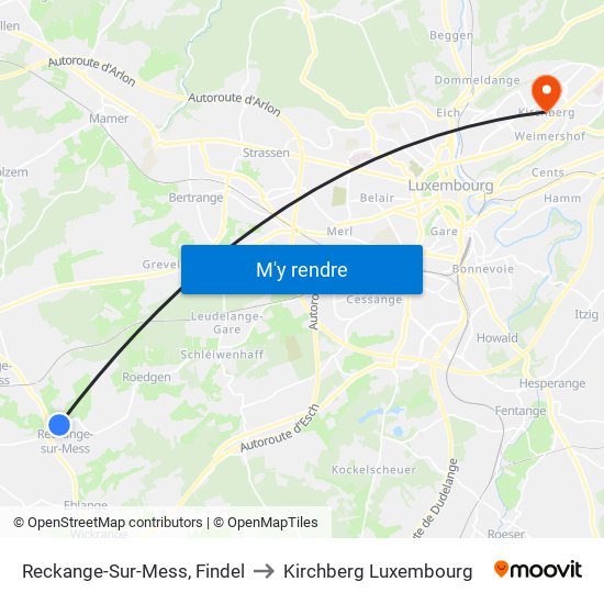 Reckange-Sur-Mess, Findel to Kirchberg Luxembourg map