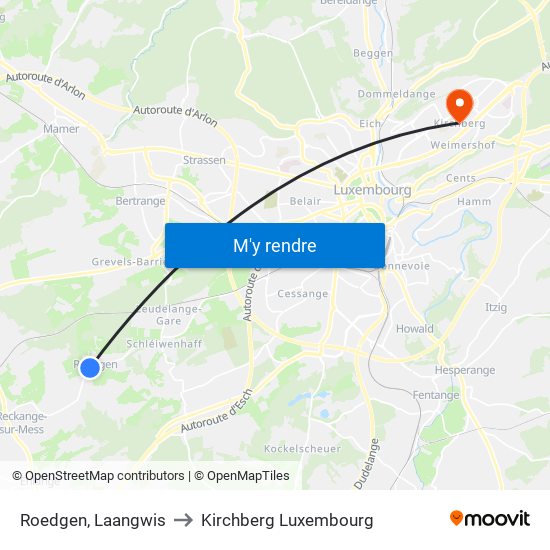 Roedgen, Laangwis to Kirchberg Luxembourg map