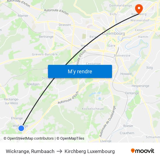 Wickrange, Rumbaach to Kirchberg Luxembourg map