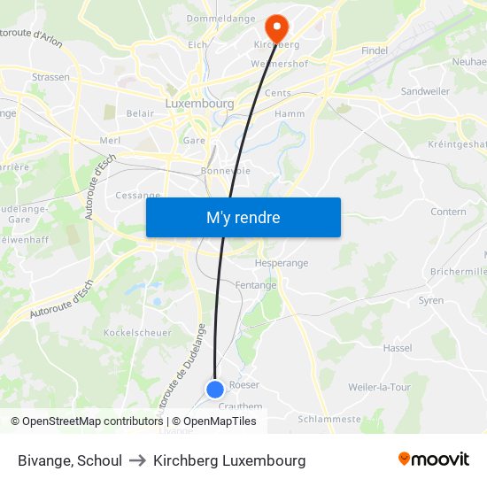 Bivange, Schoul to Kirchberg Luxembourg map