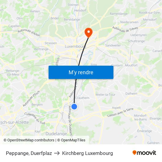 Peppange, Duerfplaz to Kirchberg Luxembourg map