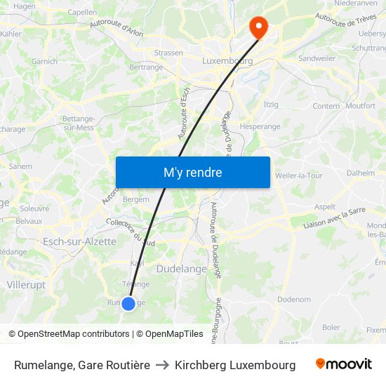 Rumelange, Gare Routière to Kirchberg Luxembourg map