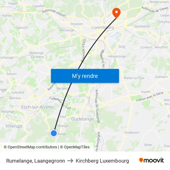 Rumelange, Laangegronn to Kirchberg Luxembourg map