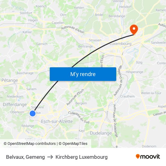 Belvaux, Gemeng to Kirchberg Luxembourg map