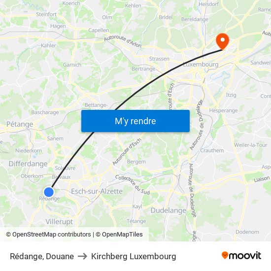 Rédange, Douane to Kirchberg Luxembourg map