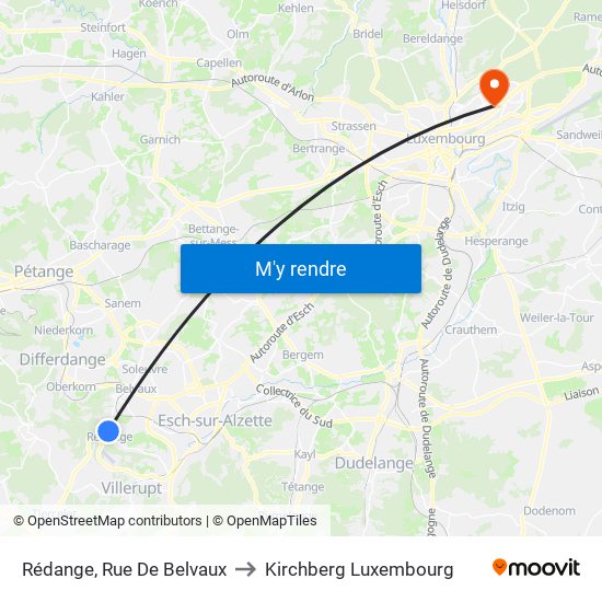 Rédange, Rue De Belvaux to Kirchberg Luxembourg map