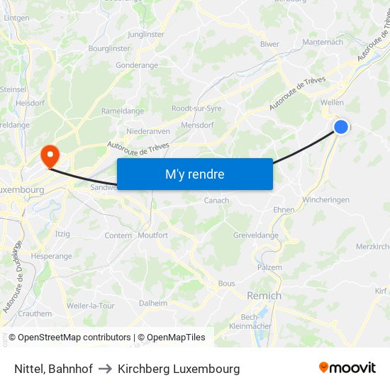 Nittel, Bahnhof to Kirchberg Luxembourg map