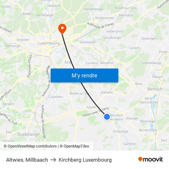 Altwies, Millbaach to Kirchberg Luxembourg map