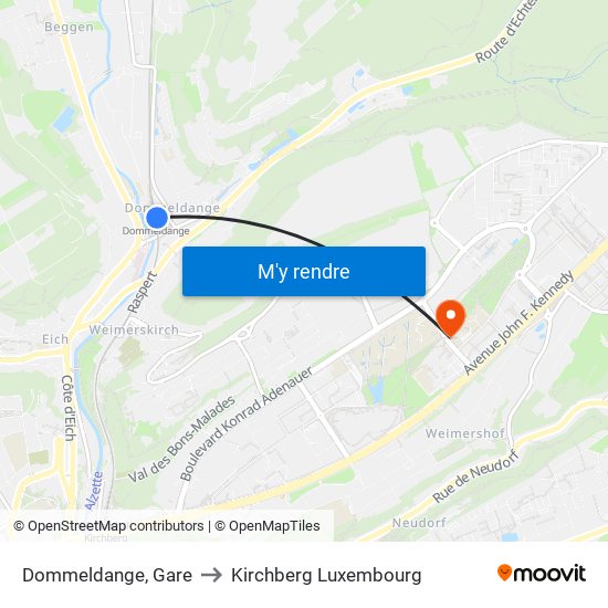 Dommeldange, Gare to Kirchberg Luxembourg map