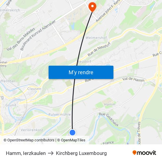 Hamm, Ierzkaulen to Kirchberg Luxembourg map