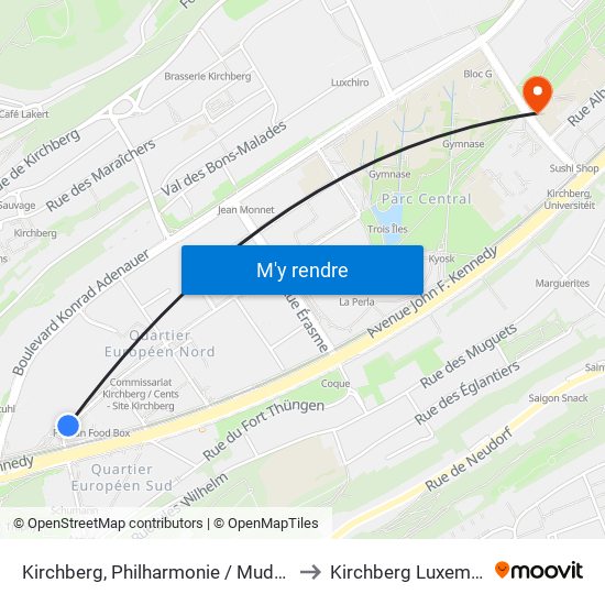 Kirchberg, Philharmonie / Mudam (Bus) to Kirchberg Luxembourg map