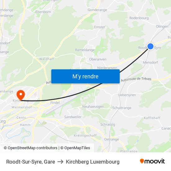 Roodt-Sur-Syre, Gare to Kirchberg Luxembourg map