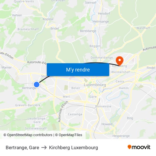 Bertrange, Gare to Kirchberg Luxembourg map