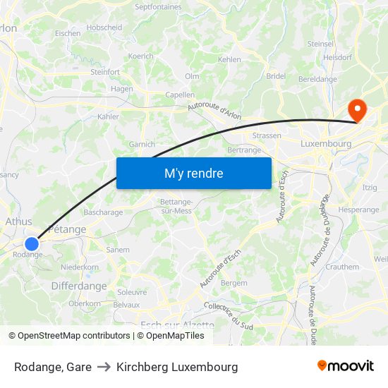 Rodange, Gare to Kirchberg Luxembourg map