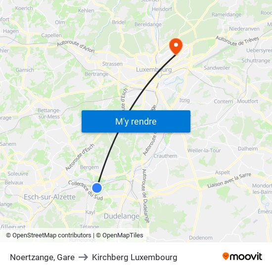 Noertzange, Gare to Kirchberg Luxembourg map