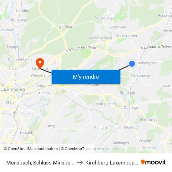 Munsbach, Schlass Minsbech to Kirchberg Luxembourg map