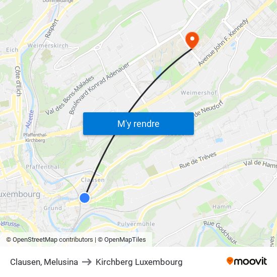 Clausen, Melusina to Kirchberg Luxembourg map