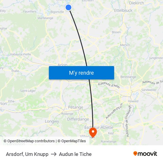 Arsdorf, Um Knupp to Audun le Tiche map