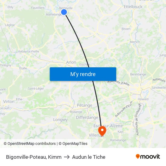 Bigonville-Poteau, Kimm to Audun le Tiche map