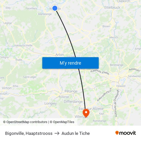 Bigonville, Haaptstrooss to Audun le Tiche map