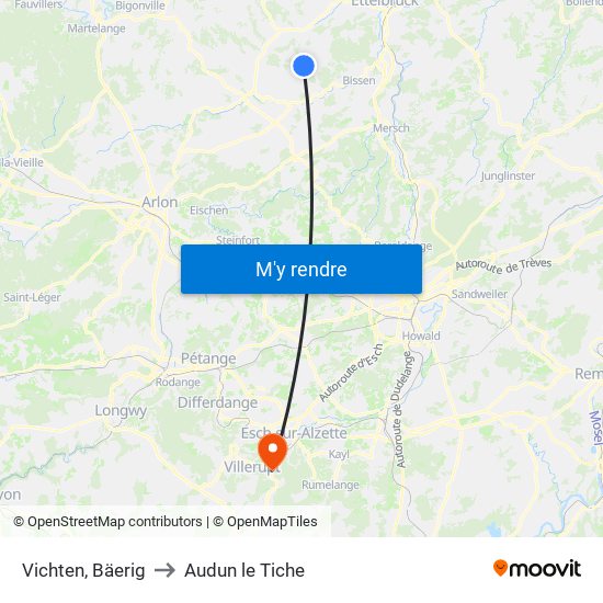 Vichten, Bäerig to Audun le Tiche map