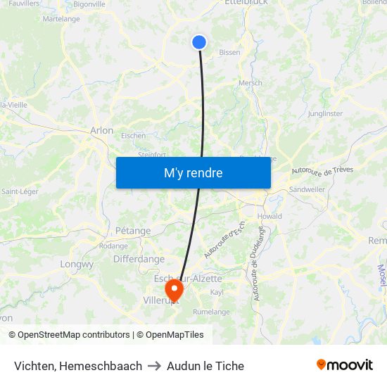 Vichten, Hemeschbaach to Audun le Tiche map