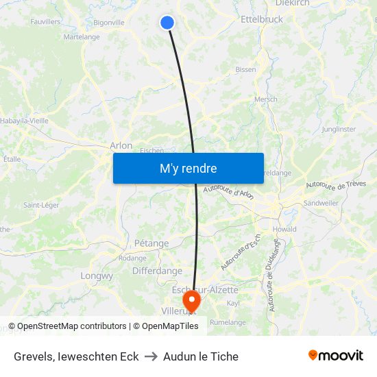 Grevels, Ieweschten Eck to Audun le Tiche map