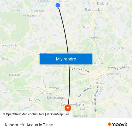 Kuborn to Audun le Tiche map