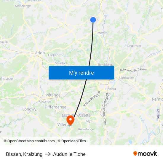 Bissen, Kräizung to Audun le Tiche map