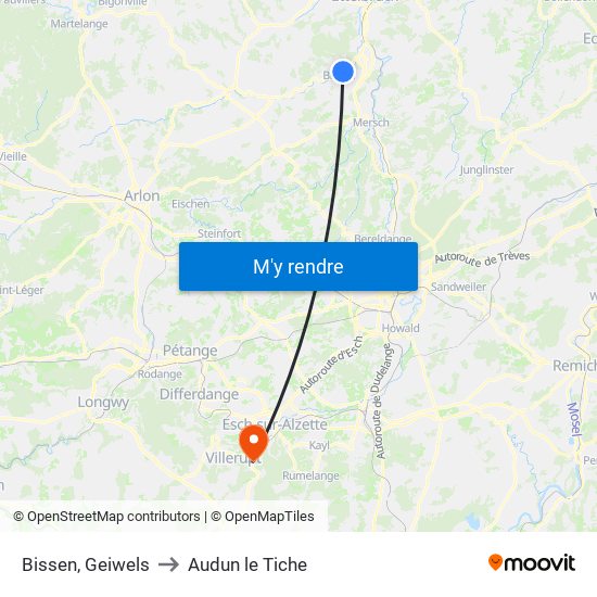 Bissen, Geiwels to Audun le Tiche map