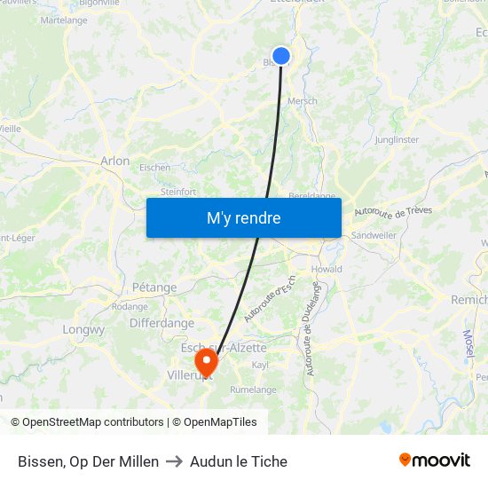 Bissen, Op Der Millen to Audun le Tiche map