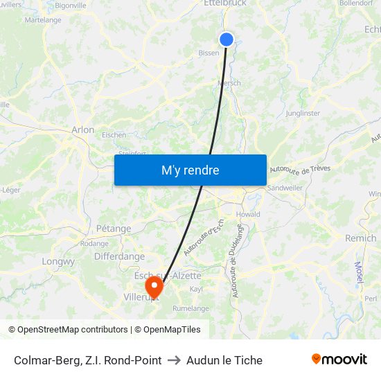 Colmar-Berg, Z.I. Rond-Point to Audun le Tiche map