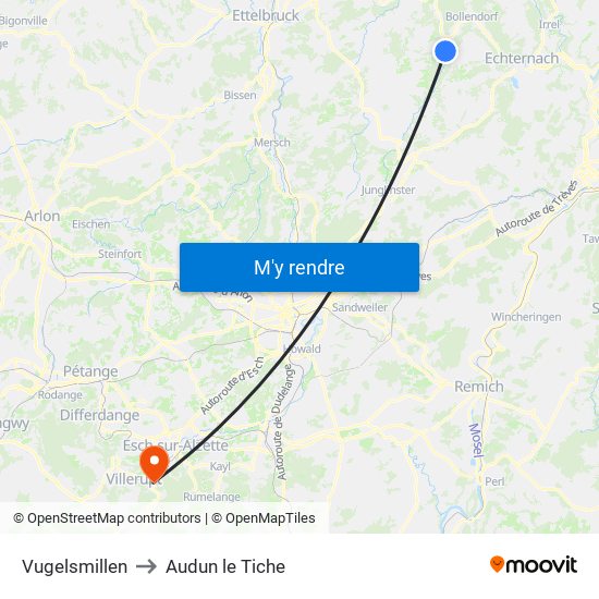 Vugelsmillen to Audun le Tiche map