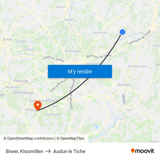 Biwer, Klosmillen to Audun le Tiche map