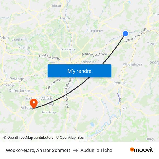 Wecker-Gare, An Der Schmëtt to Audun le Tiche map