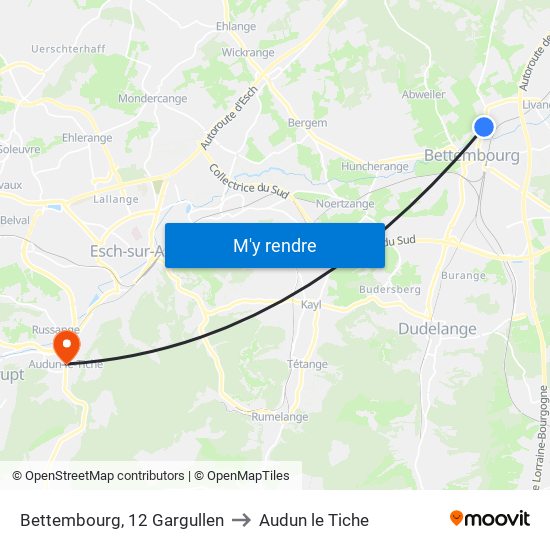 Bettembourg, 12 Gargullen to Audun le Tiche map