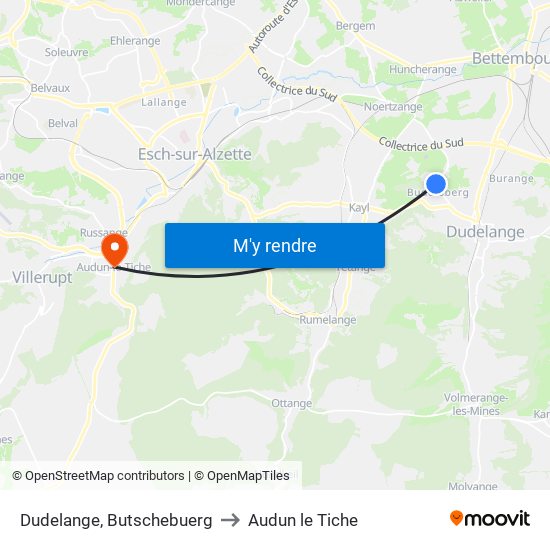 Dudelange, Butschebuerg to Audun le Tiche map